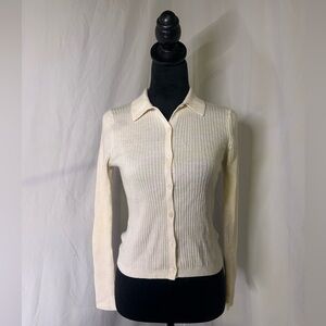 White / cream Ribbed Wool Sweater Button Up Polo Uniqlo Long Sleeve small